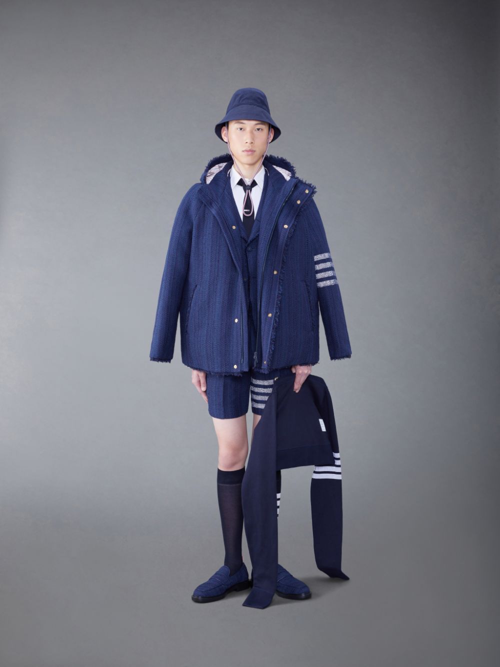 Thom Browne Tweed Fray 4-Bar Cropped Football Men Parka Blue | GZN38O73660