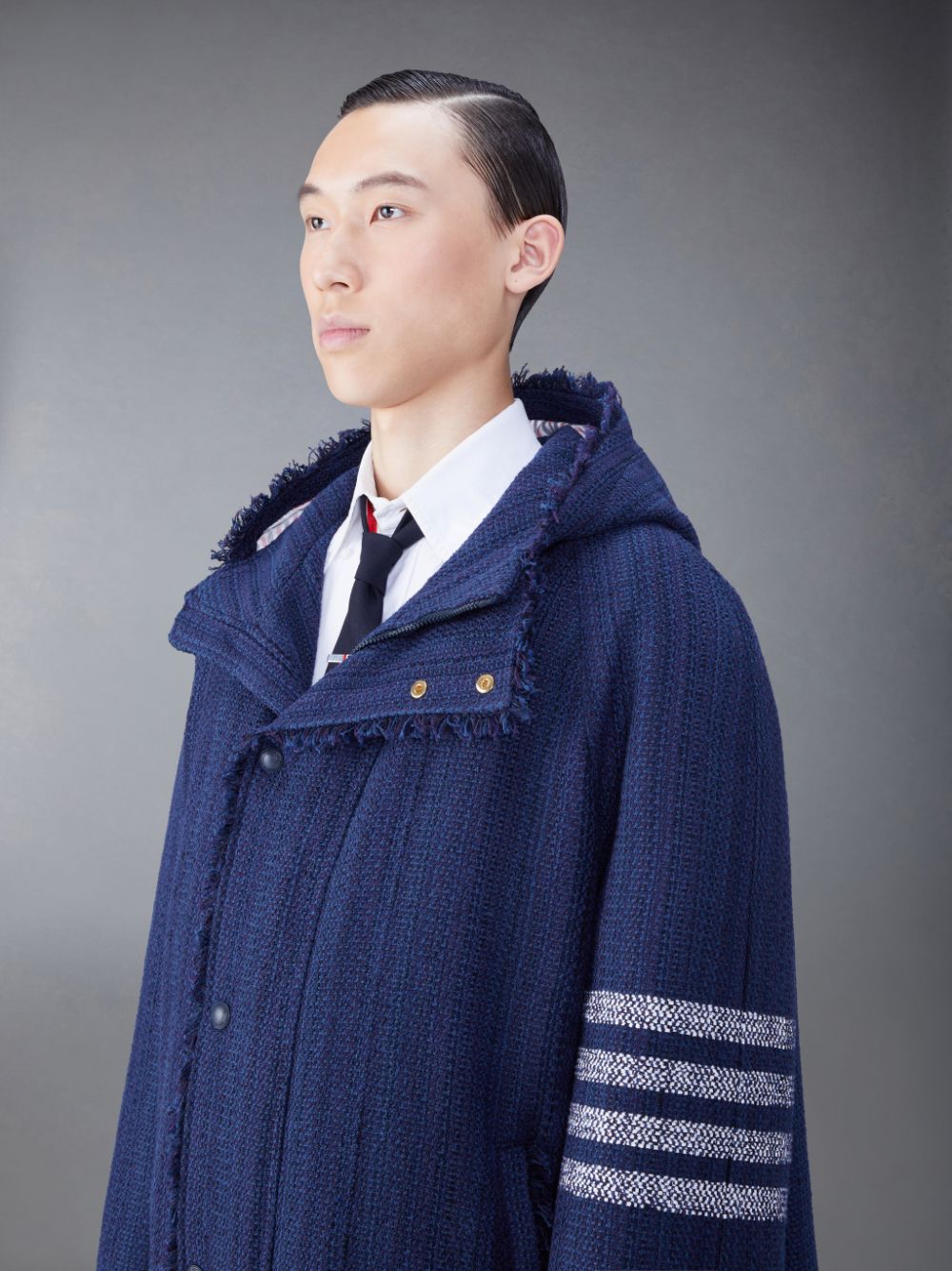 Thom Browne Tweed Fray 4-Bar Cropped Football Men Parka Blue | GZN38O73660