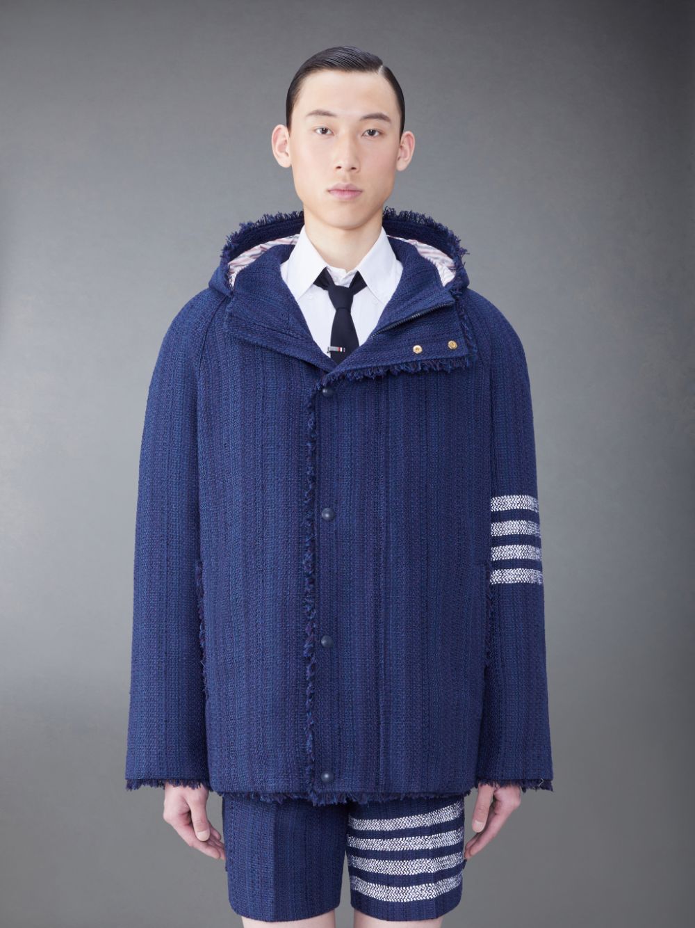 Thom Browne Tweed Fray 4-Bar Cropped Football Men Parka Blue | GZN38O73660