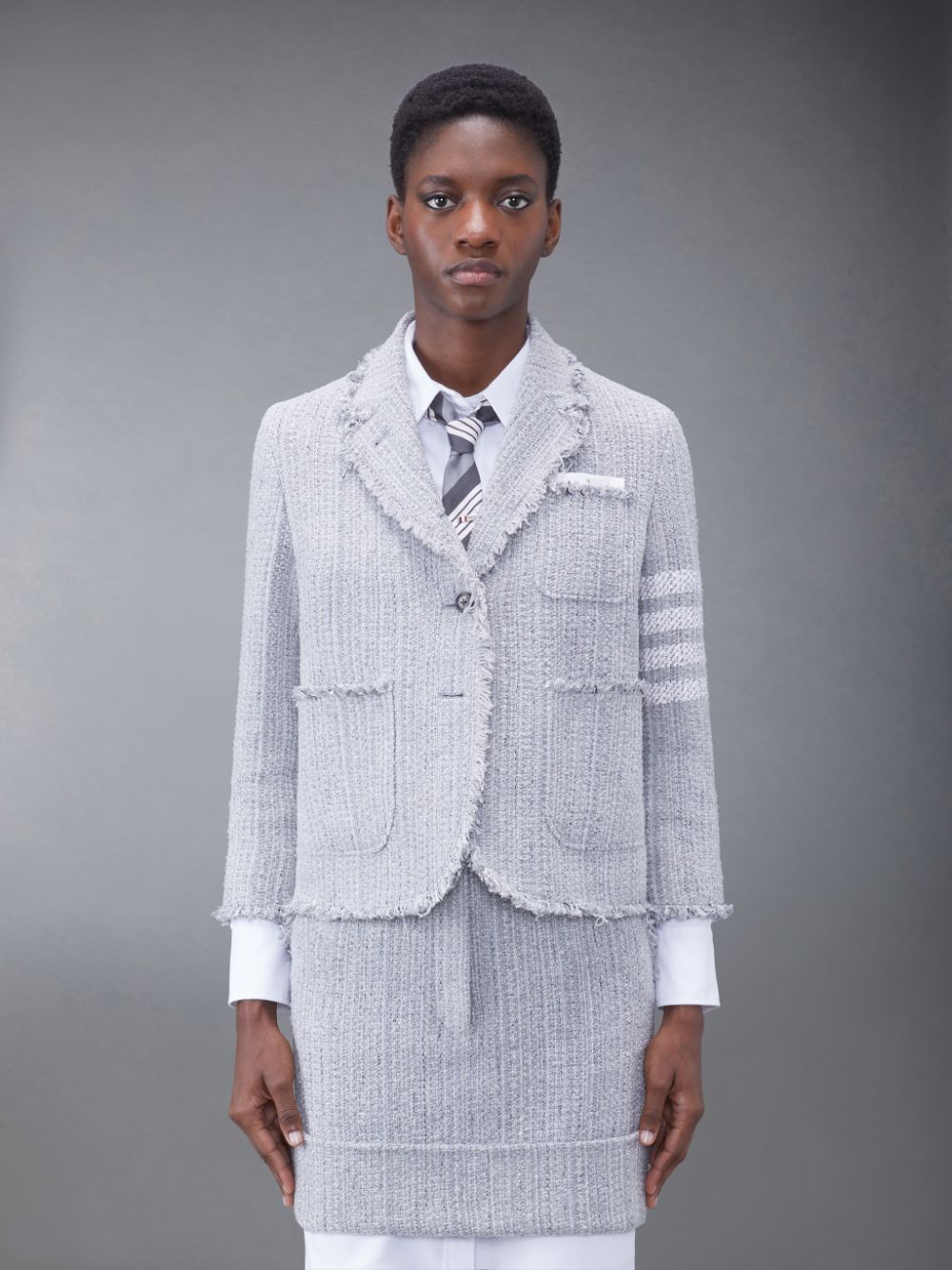 Thom Browne Tweed Fray 4-Bar Cropped Sack Women Jackets Grey | QBY93B34790