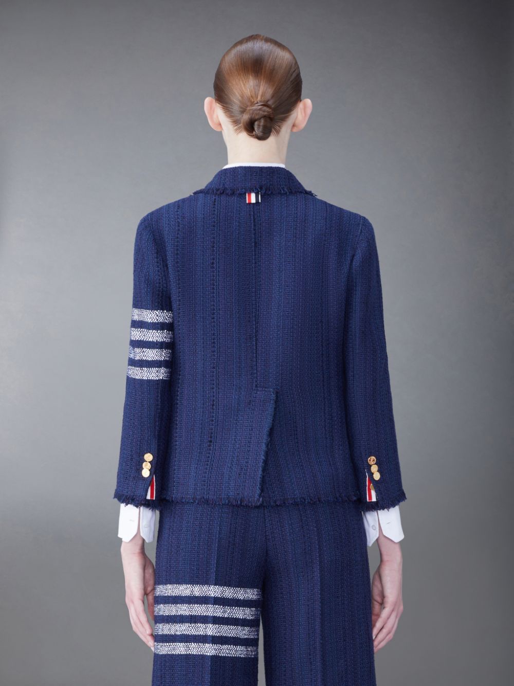 Thom Browne Tweed Fray 4-Bar Cropped Sack Women Jackets Blue | KWM59U32428