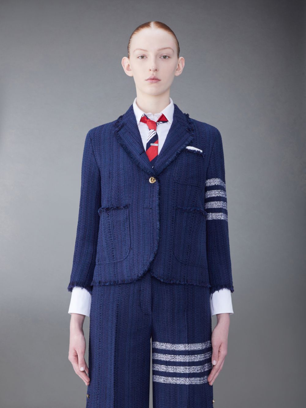 Thom Browne Tweed Fray 4-Bar Cropped Sack Women Jackets Blue | KWM59U32428