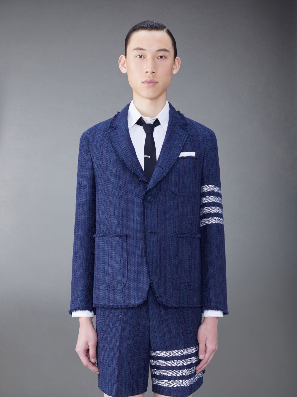 Thom Browne Tweed Fray 4-Bar Sack Men Jackets Blue | DJB88P15416