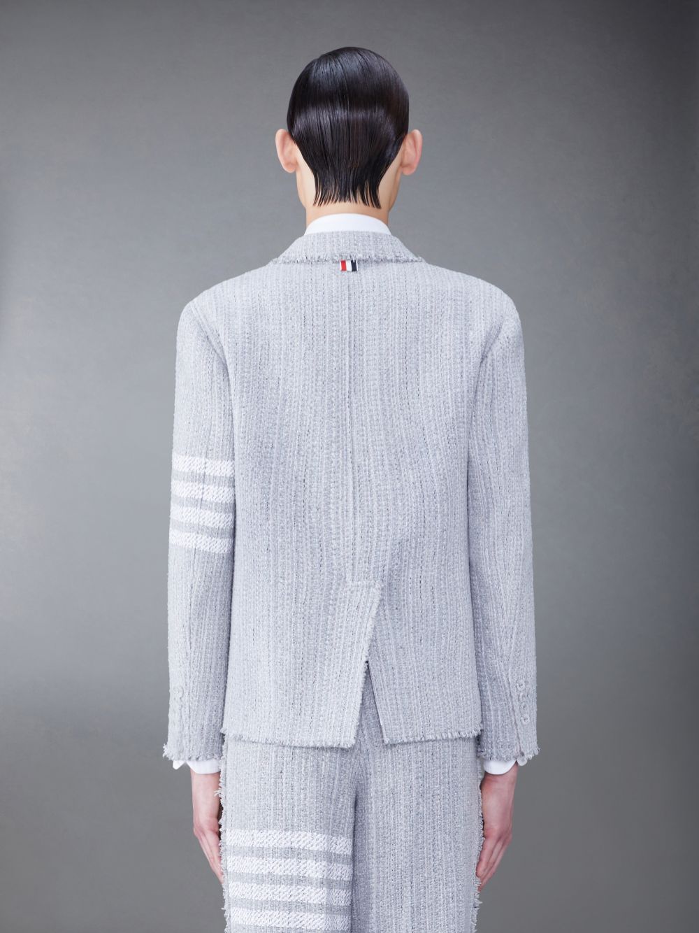 Thom Browne Tweed Fray 4-Bar Sack Men Jackets Grey | HJW30R16065