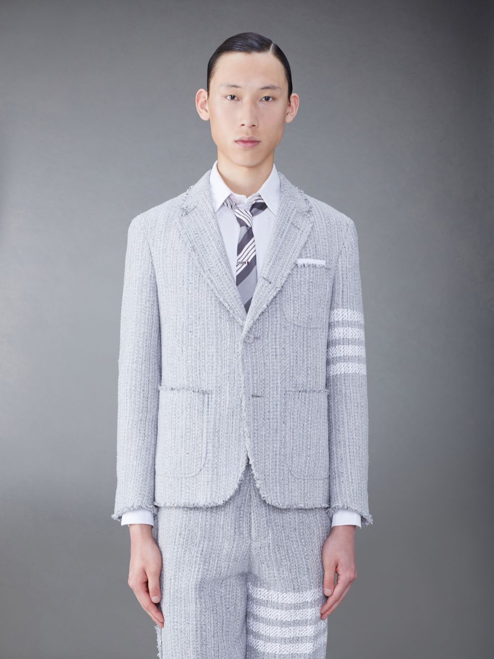 Thom Browne Tweed Fray 4-Bar Sack Men Jackets Grey | HJW30R16065