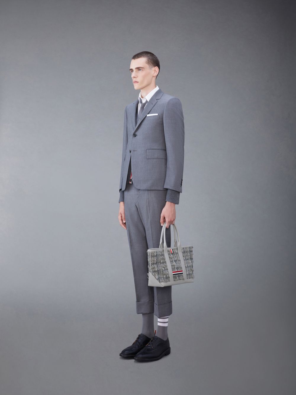 Thom Browne Tweed Leather Small Tool Men Tote Bags Grey | ZOQ53V61935