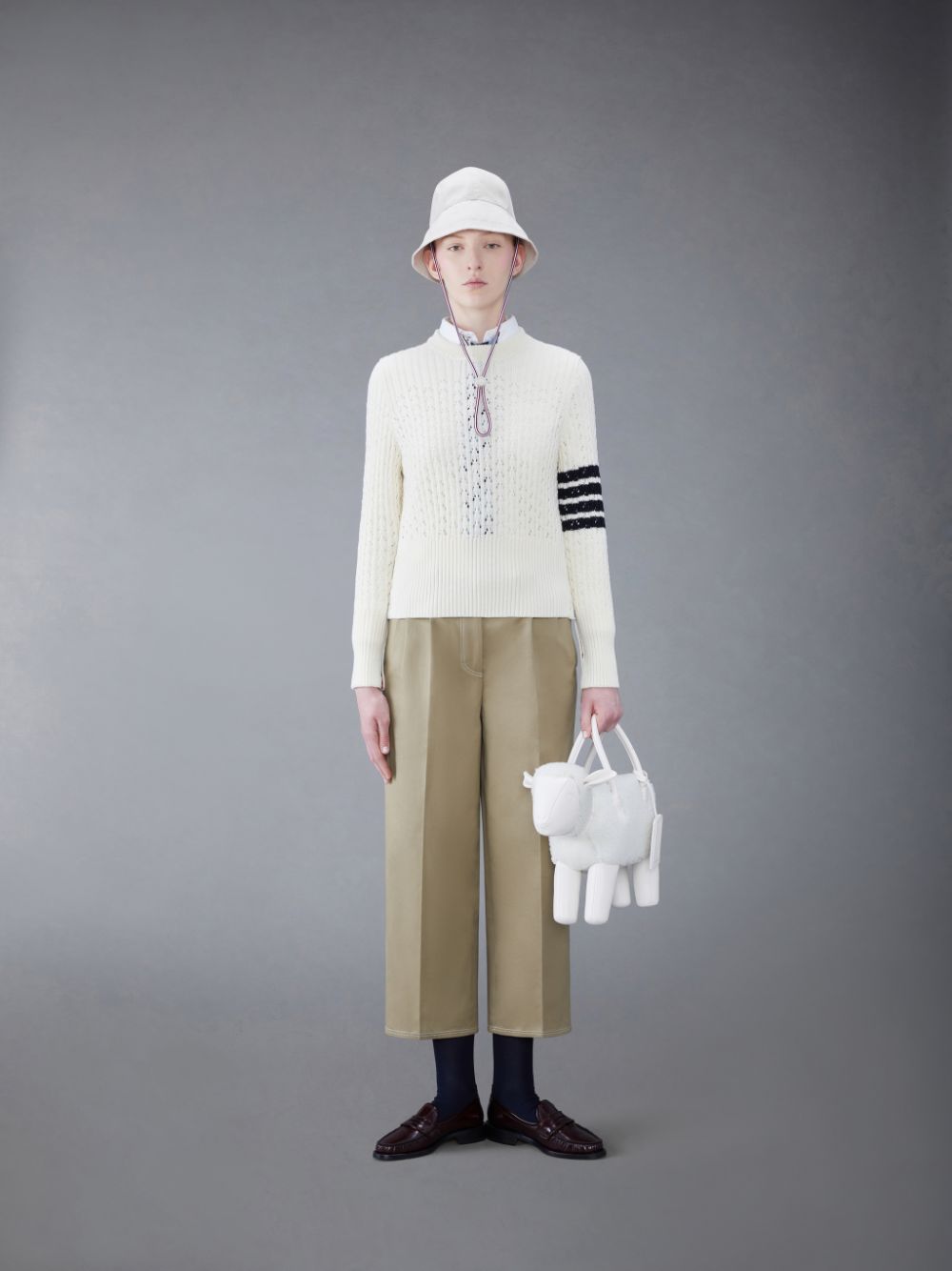 Thom Browne Twill Relaxed Pleated Women Pants Beige | NAT46B83196