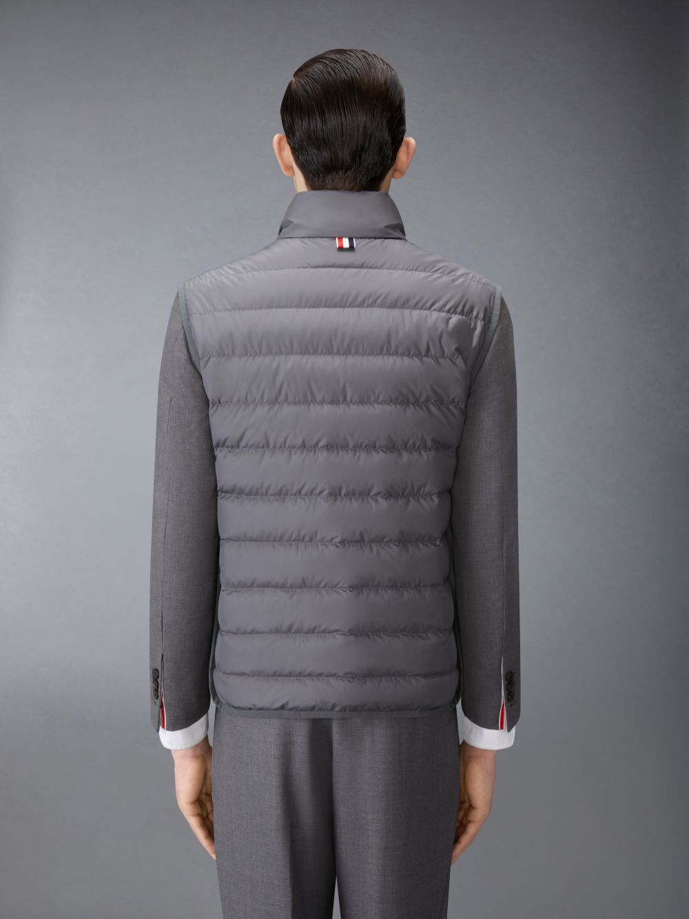 Thom Browne ULTRA LIGHT NYLON TECH FUNNEL NECK DOWN Men Vest Grey | DYP43O34969