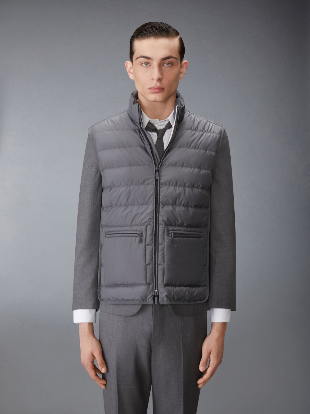 Thom Browne ULTRA LIGHT NYLON TECH FUNNEL NECK DOWN Men Vest Grey | DYP43O34969