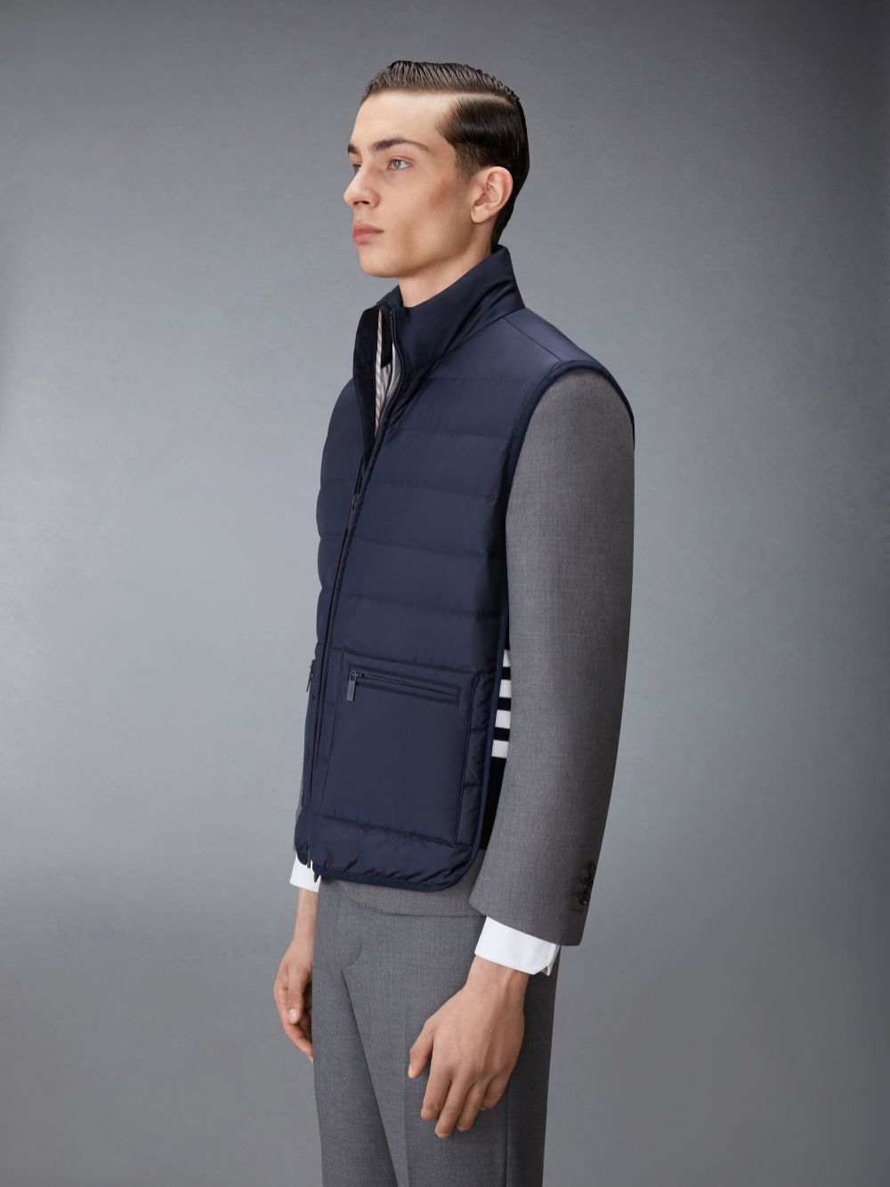 Thom Browne ULTRA LIGHT NYLON TECH FUNNEL NECK DOWN Men Vest Blue | IHV10D01602