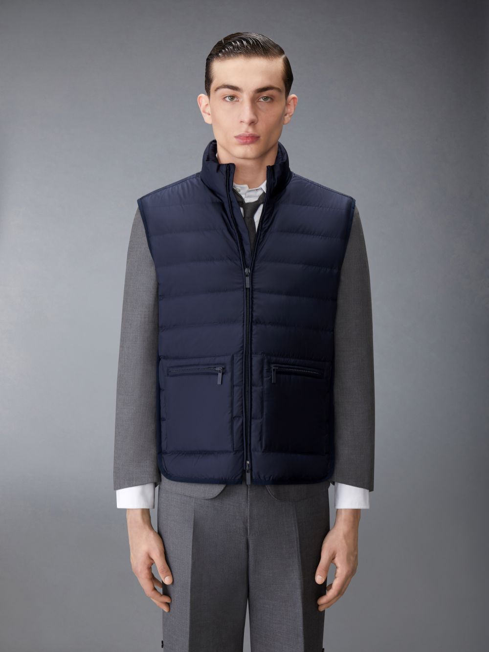 Thom Browne ULTRA LIGHT NYLON TECH FUNNEL NECK DOWN Men Vest Blue | IHV10D01602