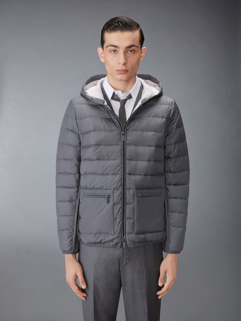 Thom Browne Ultra Light Nylon Down Hooded Men Jackets Grey | JBE19Z95121