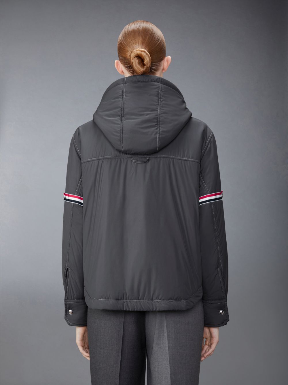 Thom Browne Ultra Light Nylon Tech Down Fill Armband Hood Shirt Hem Women Jackets Grey | TTJ97P13993