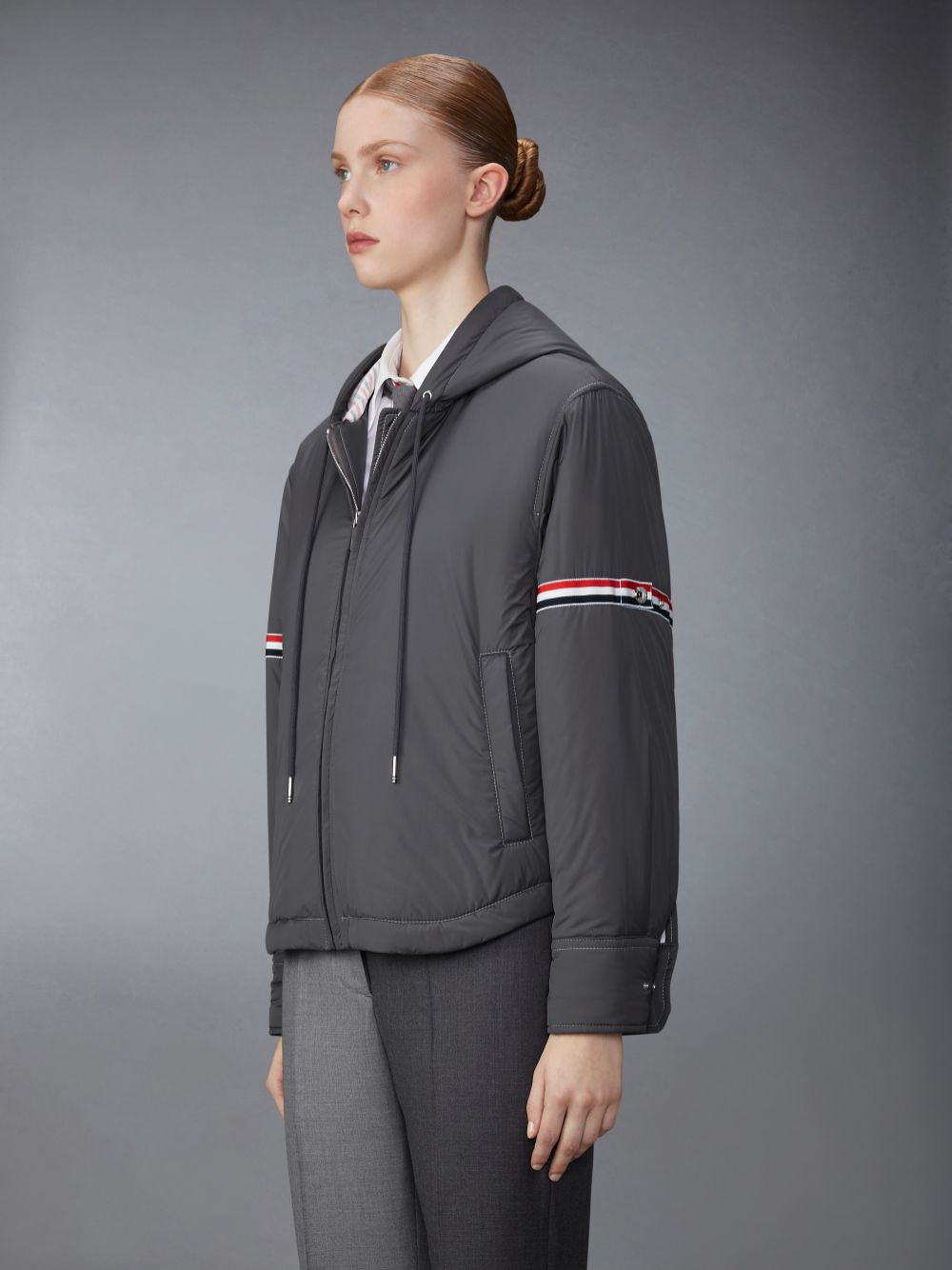 Thom Browne Ultra Light Nylon Tech Down Fill Armband Hood Shirt Hem Women Jackets Grey | TTJ97P13993