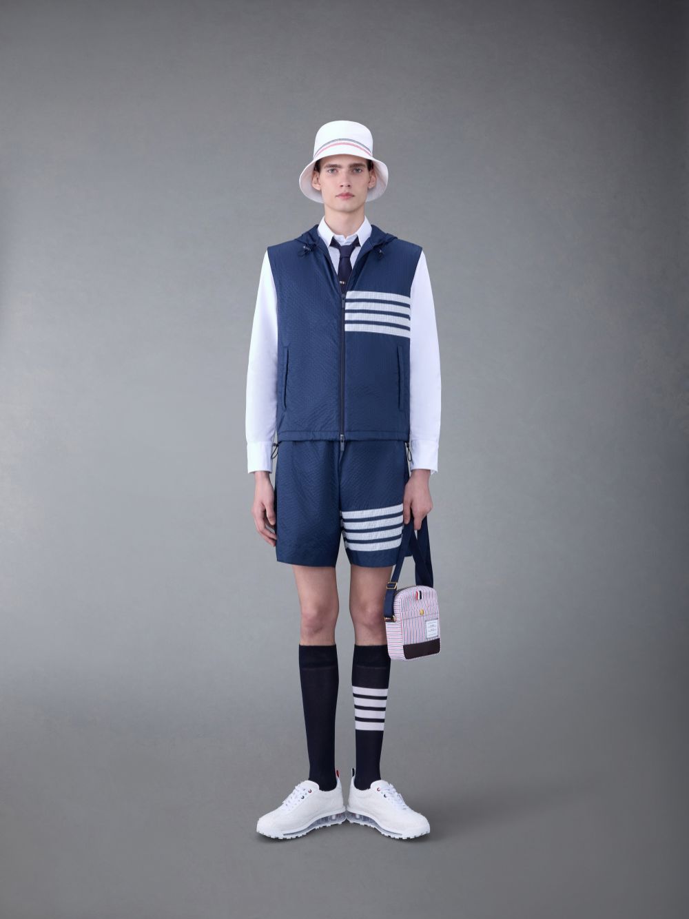 Thom Browne Ultralight Ripstop 4-Bar Hooded Men Vest Blue | GHI80M48262