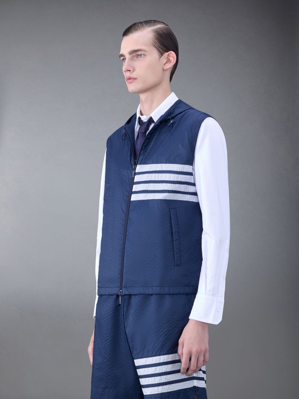 Thom Browne Ultralight Ripstop 4-Bar Hooded Men Vest Blue | GHI80M48262