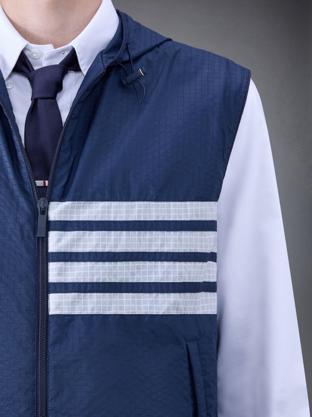 Thom Browne Ultralight Ripstop 4-Bar Hooded Men Vest Blue | GHI80M48262