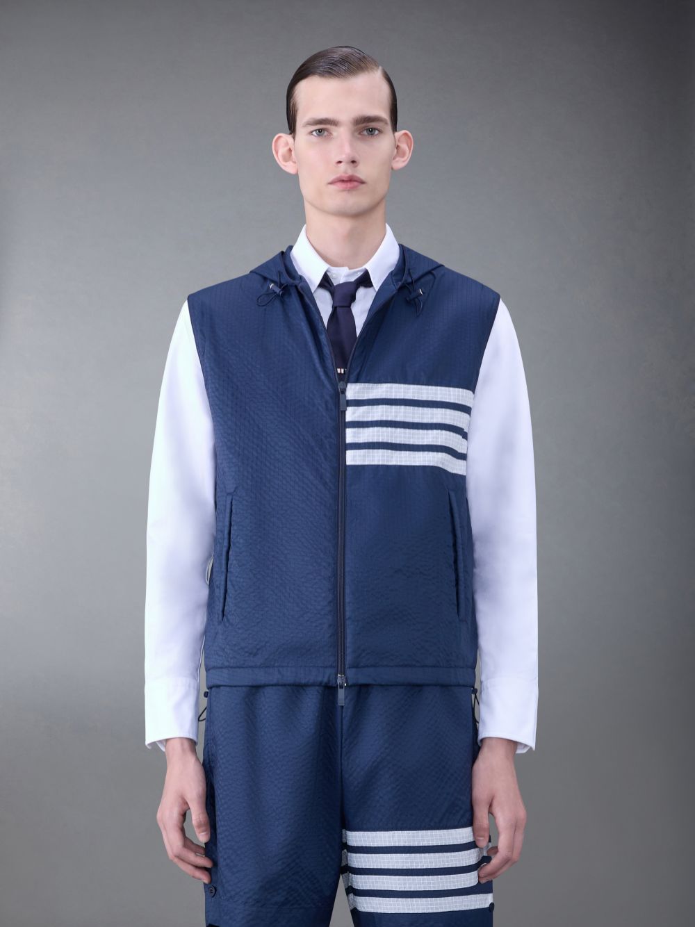 Thom Browne Ultralight Ripstop 4-Bar Hooded Men Vest Blue | GHI80M48262