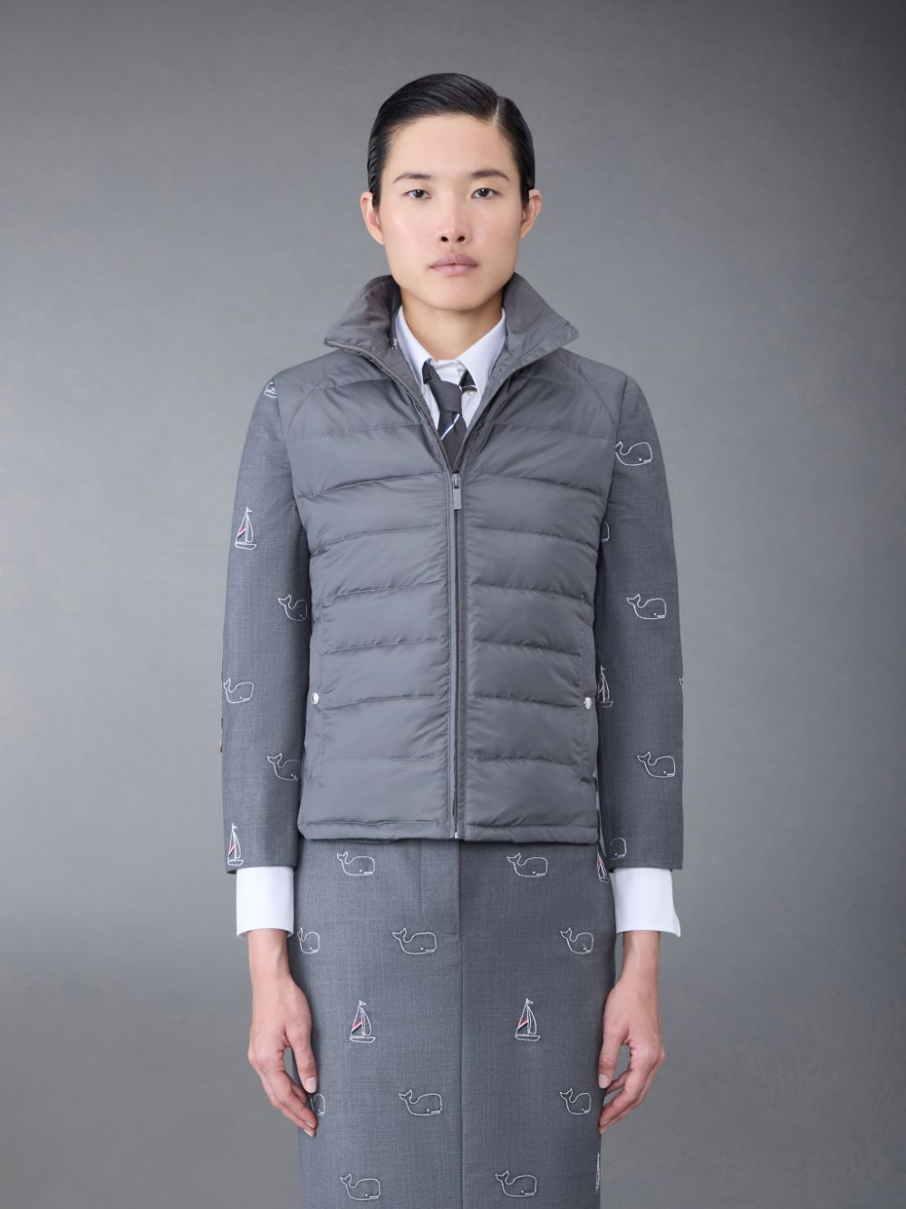 Thom Browne Ultralight Tech Down 4-Bar Packable Funnel Neck Vest Women Jackets Grey | WXT12N39936