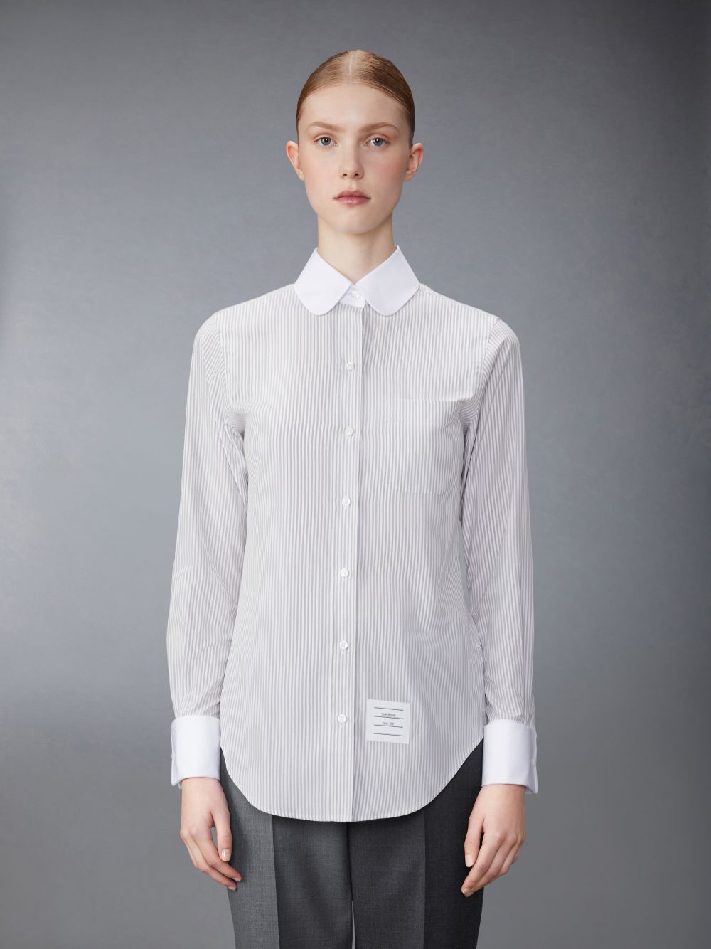 Thom Browne University Stripe Cotton Silk Round Collar Women Shirts White | XYW43M40237