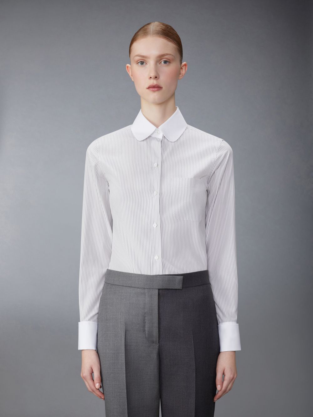 Thom Browne University Stripe Cotton Silk Round Collar Women Shirts White | XYW43M40237