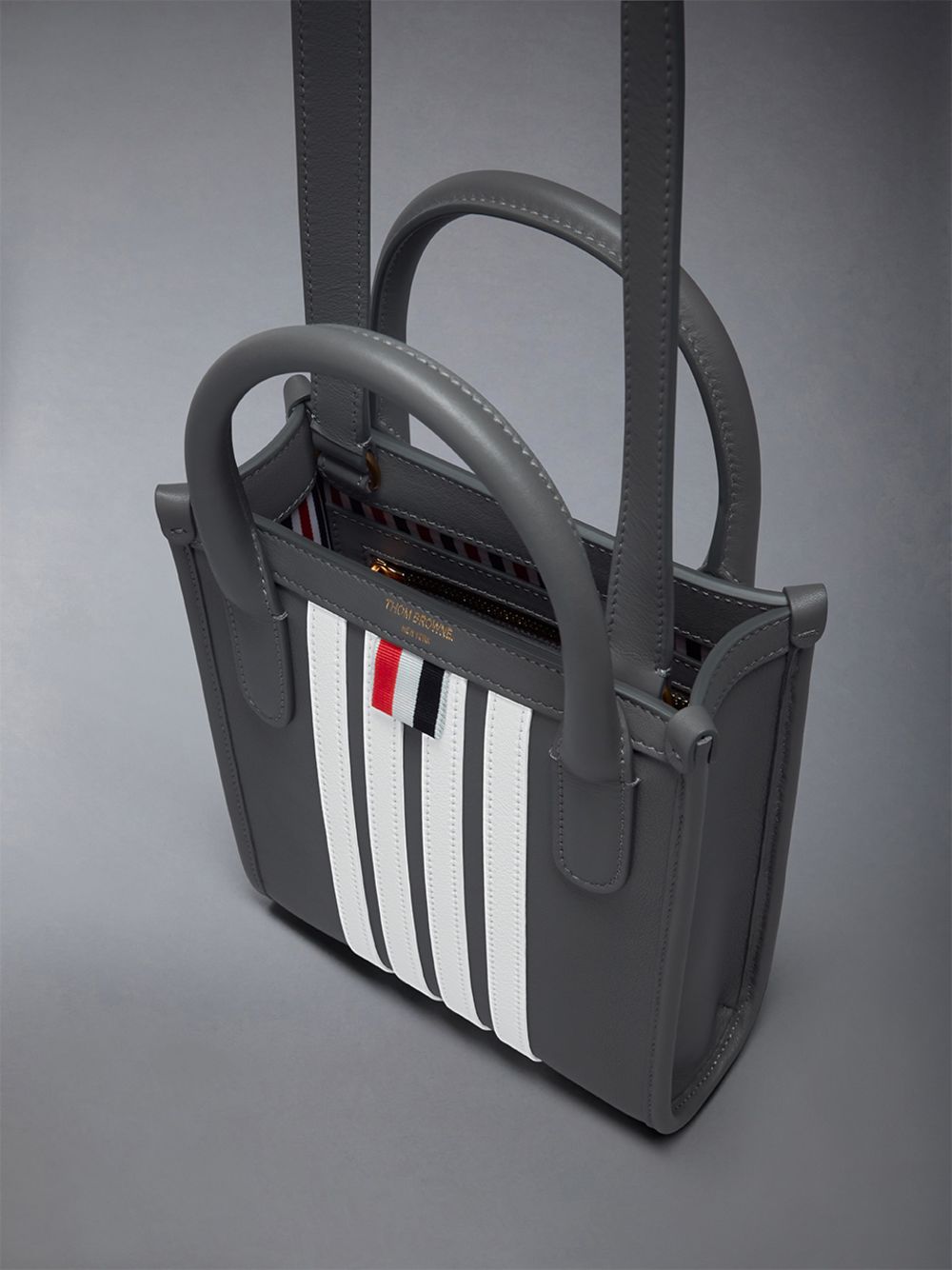 Thom Browne Vertical Mini W/ 4 Bar Stripes in Smooth Calf Women Tote Bags Grey | MYD31Y17870