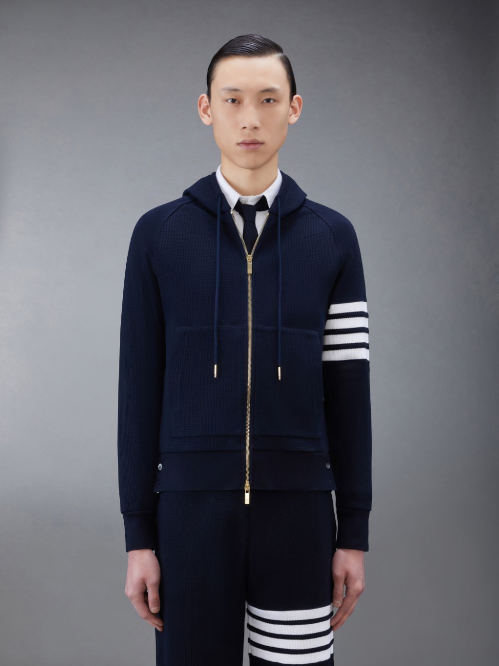 Thom Browne Waffle Raglan Full Zip Men Hoodie Blue | GGE58S82877