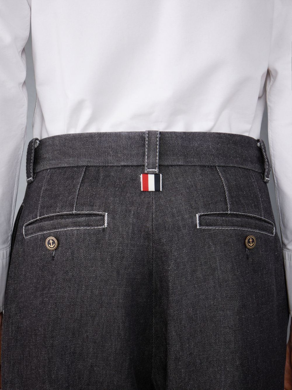 Thom Browne Washed Denim Contrast Topstitching Unconstructed Single Welt Pocket Men Pants Black | UAB33B78689