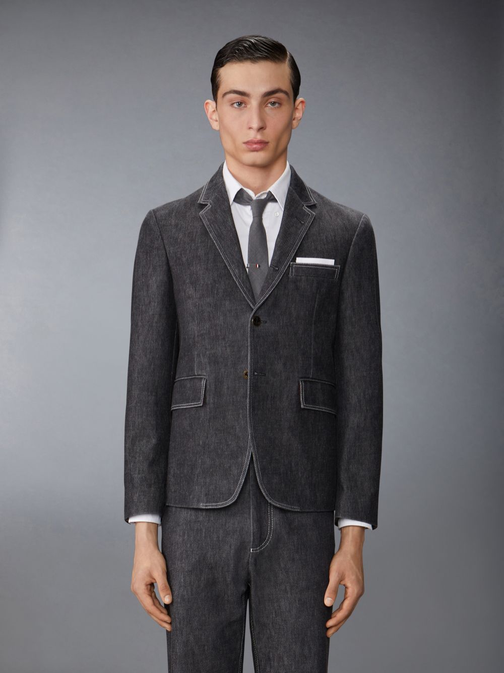 Thom Browne Washed Denim Contrast Topstitching Unconstructed Classic Sport Men Coats Black | LWM10B25479