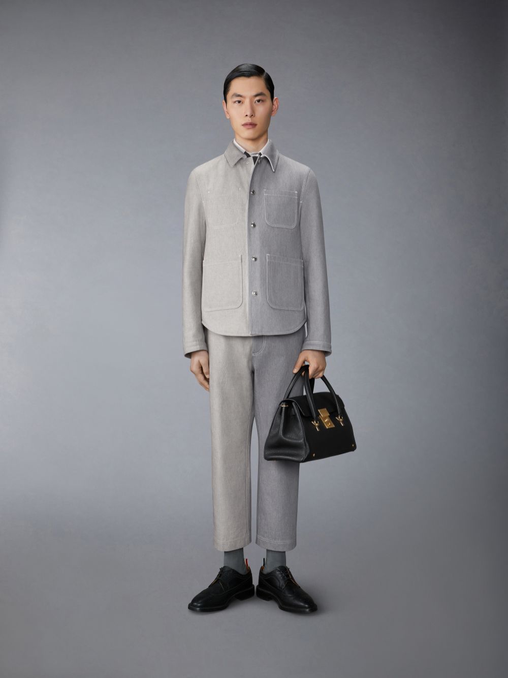 Thom Browne Washed Denim Contrast Topstitching Unconstructed Straight Leg Men Pants Grey | BYI62S07729