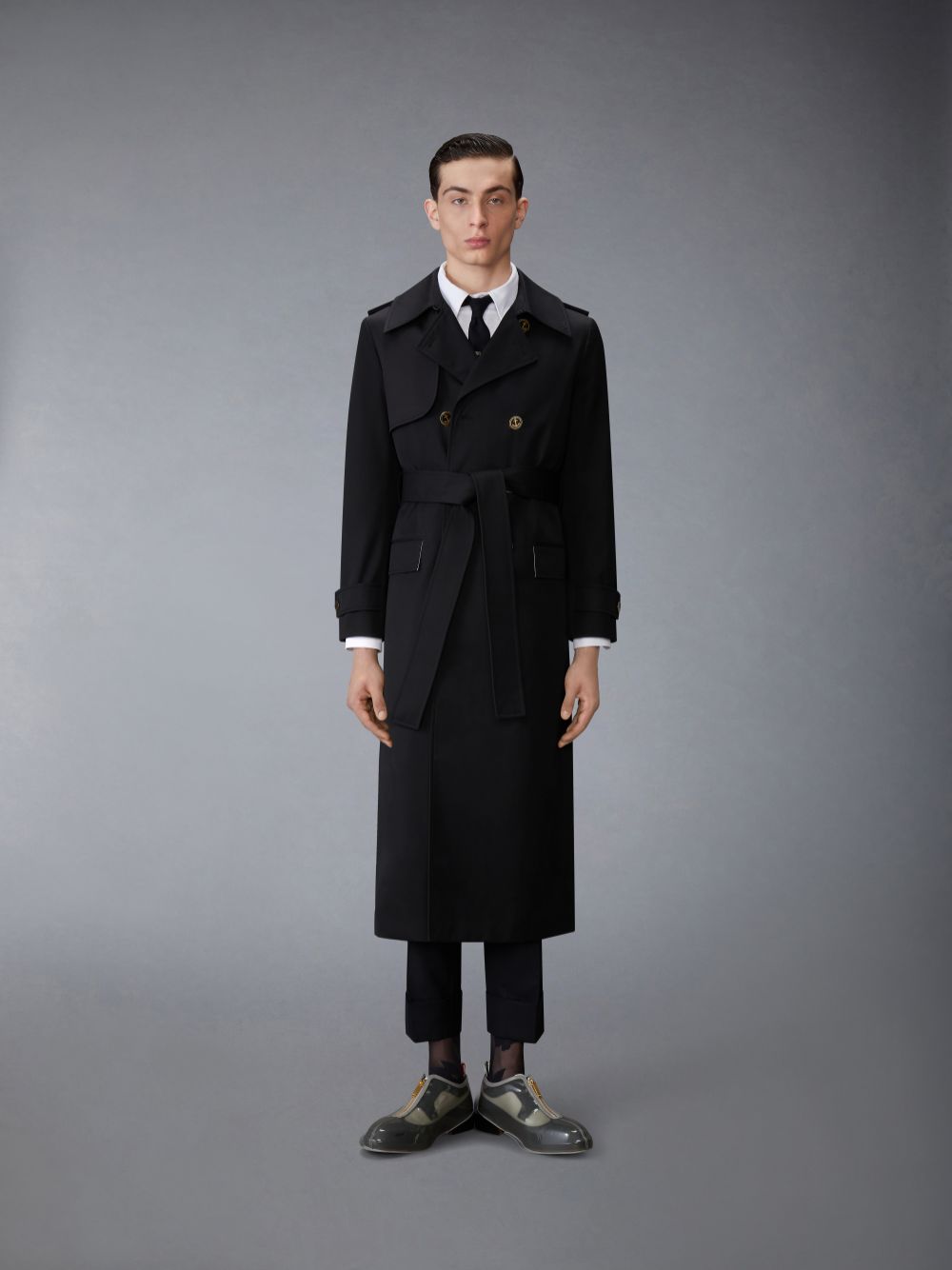 Thom Browne Waterproof Cotton Twill Elongated Trench Men Coats Black | DVX14Y53558