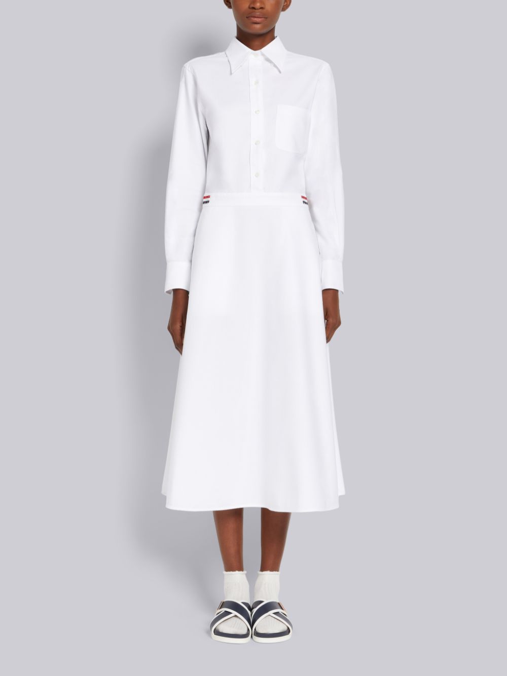 Thom Browne White Oxford High Waisted A-Line Below The Knee Shirt Women Dress White | DMK70M04270