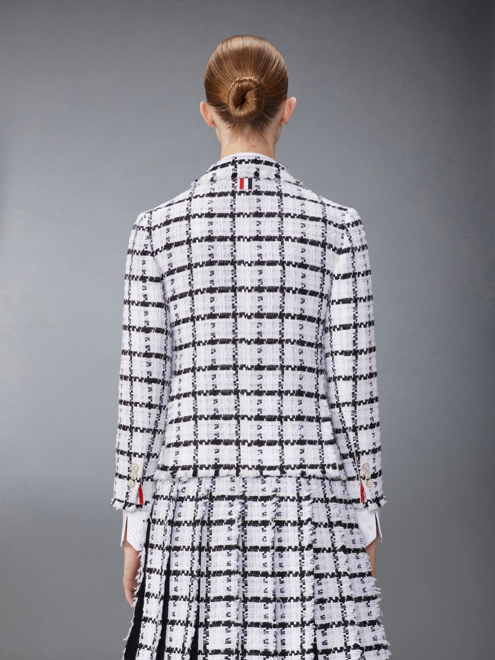 Thom Browne Windowpane Check Chiffon Tweed Fray Slim Fit Sport Women Coats White | HTM31L04131