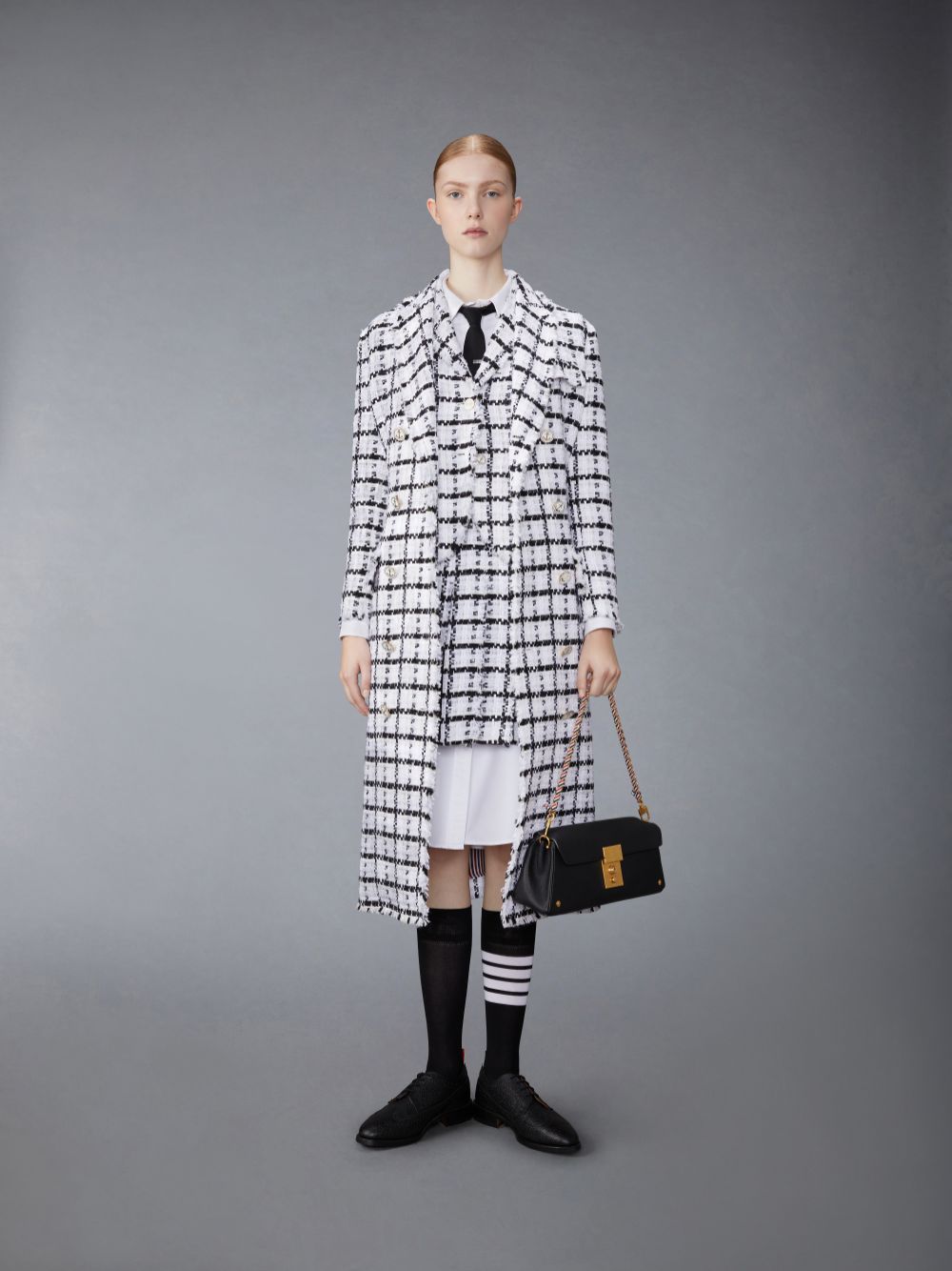 Thom Browne Windowpane Check Chiffon Tweed Fray Slim Fit Sport Women Coats White | HTM31L04131