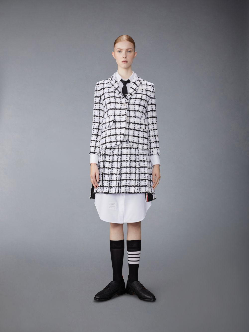 Thom Browne Windowpane Check Chiffon Tweed Fray Slim Fit Sport Women Coats White | HTM31L04131