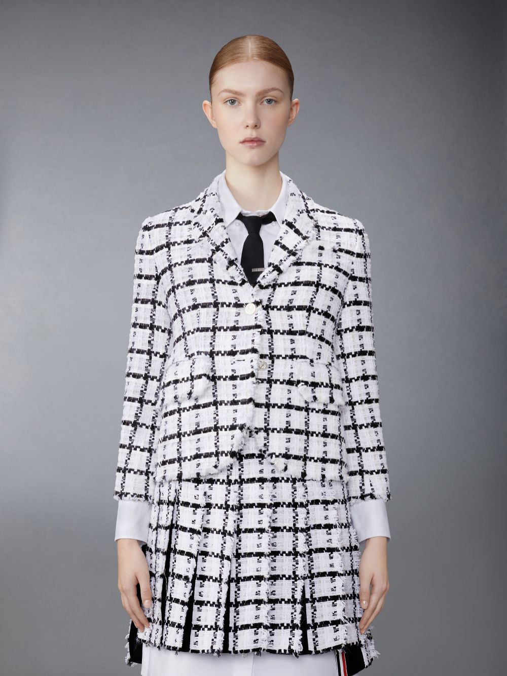 Thom Browne Windowpane Check Chiffon Tweed Fray Slim Fit Sport Women Coats White | HTM31L04131