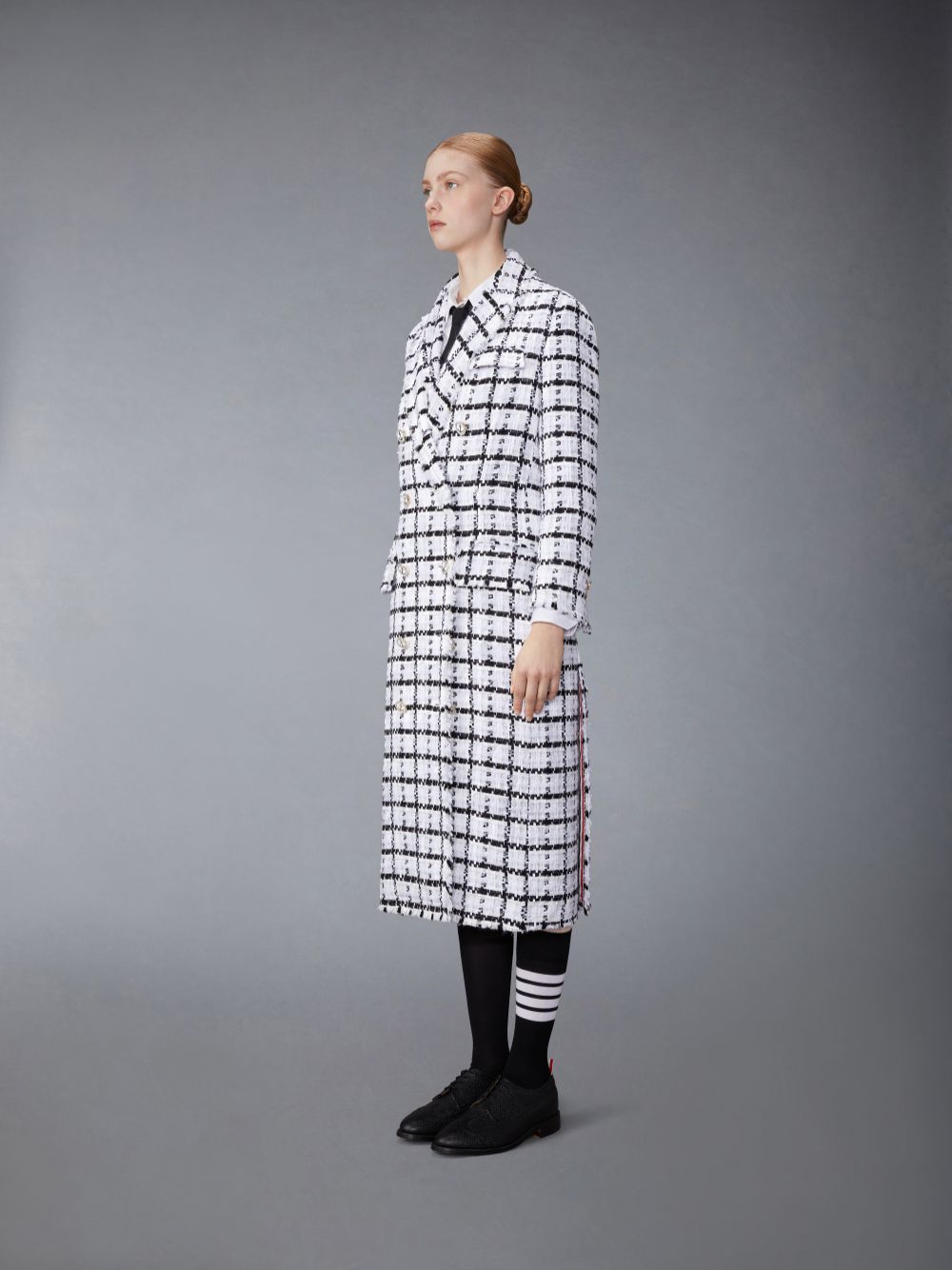 Thom Browne Windowpane Check Chiffon Tweed Fray Oversized Chesterfield Women Coats White | PIH26T32518