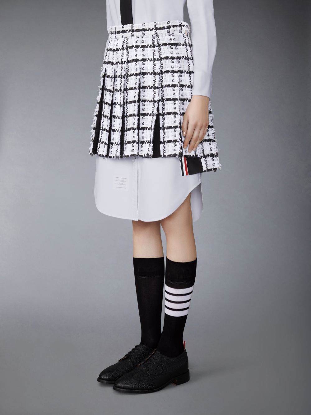 Thom Browne Windowpane Check Chiffon Tweed Fray Mini Pleated Women Skirts White | ACB31W77357