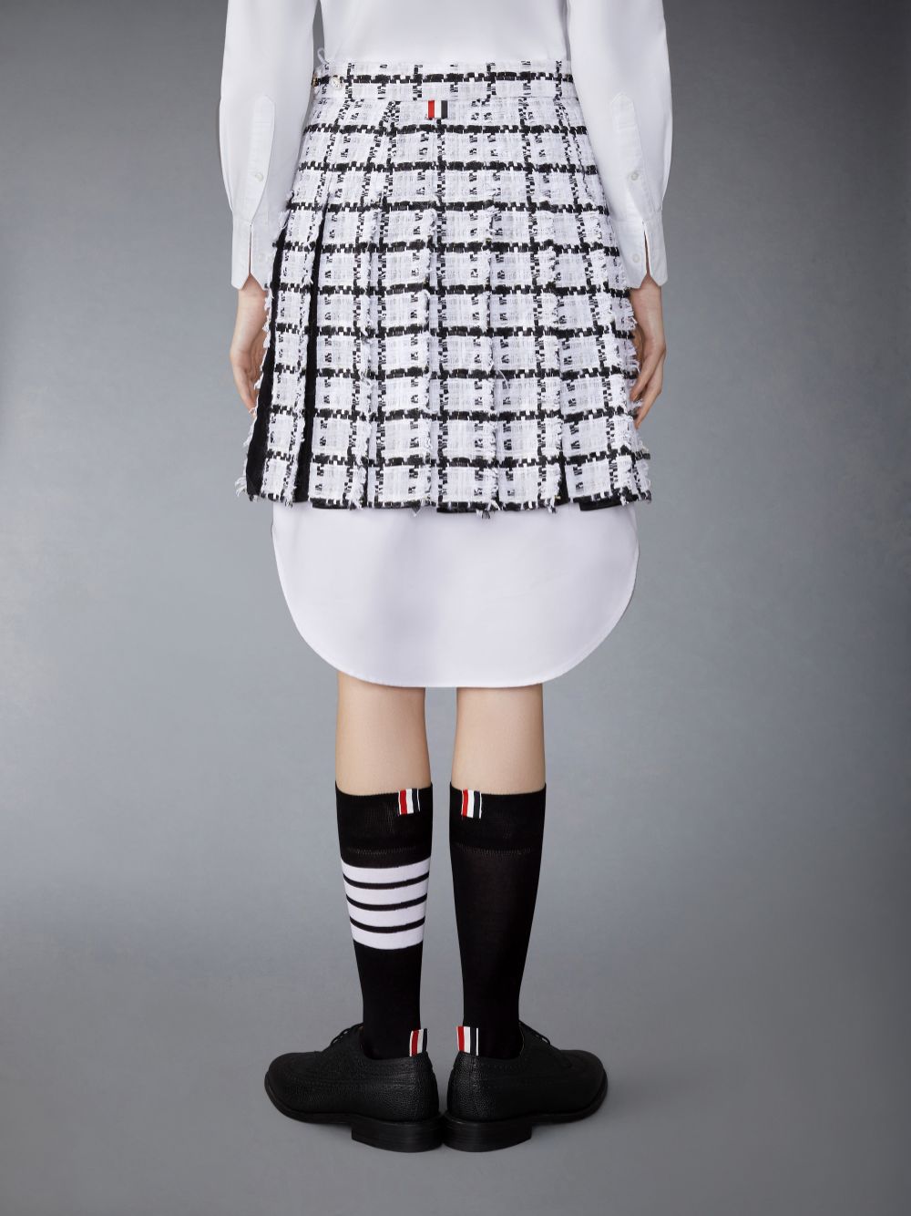 Thom Browne Windowpane Check Chiffon Tweed Fray Mini Pleated Women Skirts White | ACB31W77357