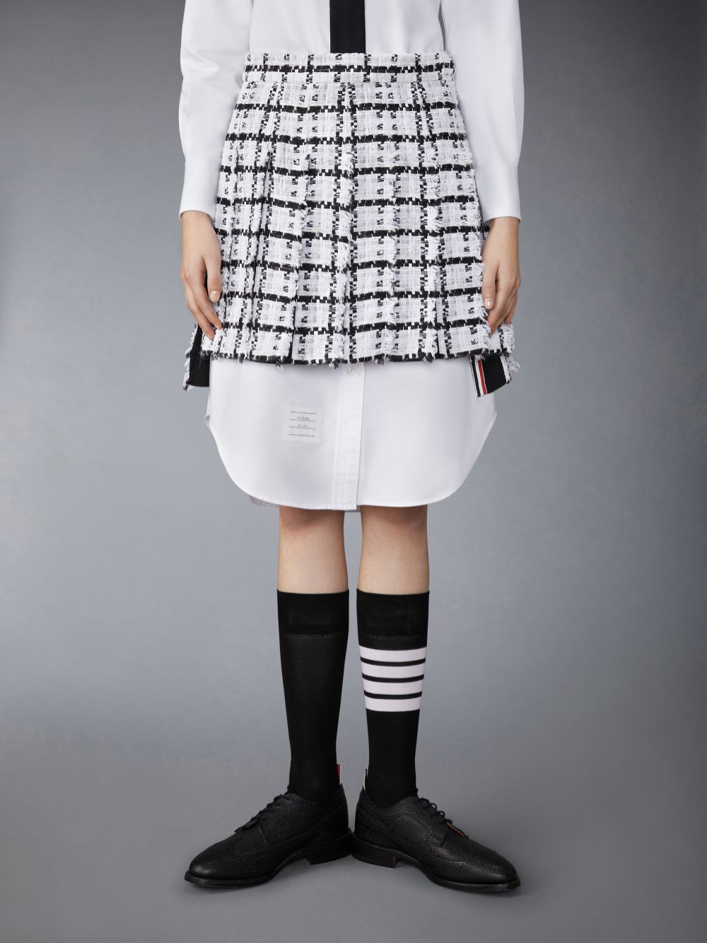 Thom Browne Windowpane Check Chiffon Tweed Fray Mini Pleated Women Skirts White | ACB31W77357