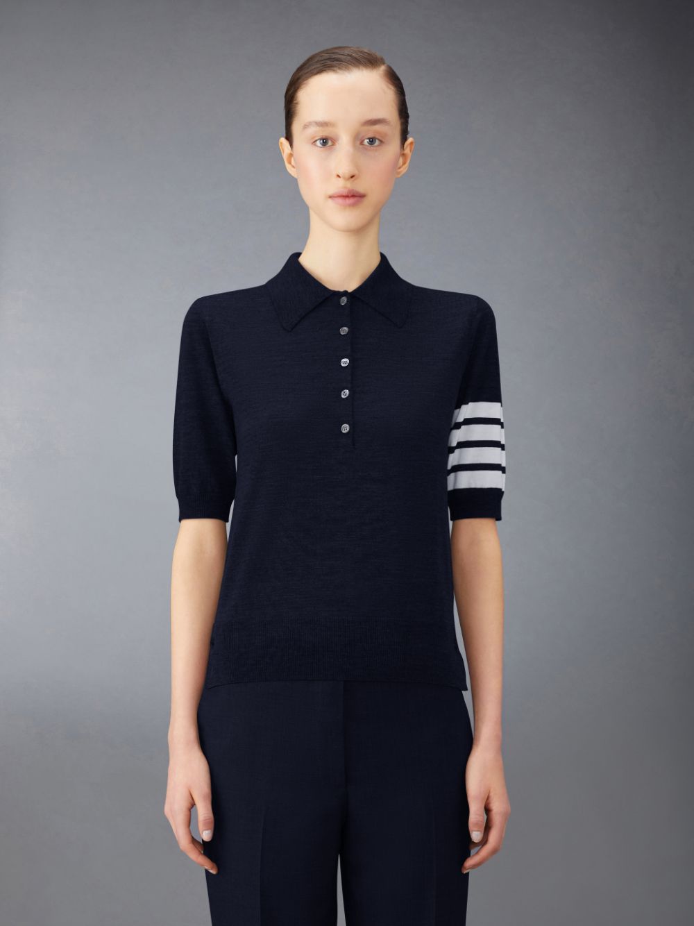 Thom Browne Wool 4-Bar Relaxed Women Polo Shirt Blue | LXD74U56076