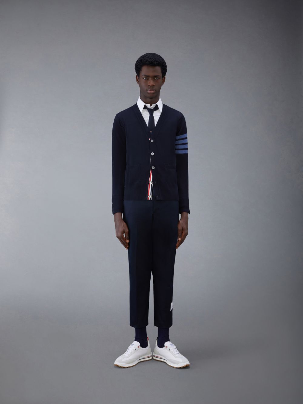 Thom Browne Wool 4-Bar V-Neck Men Cardigan Blue | FJI61U91002