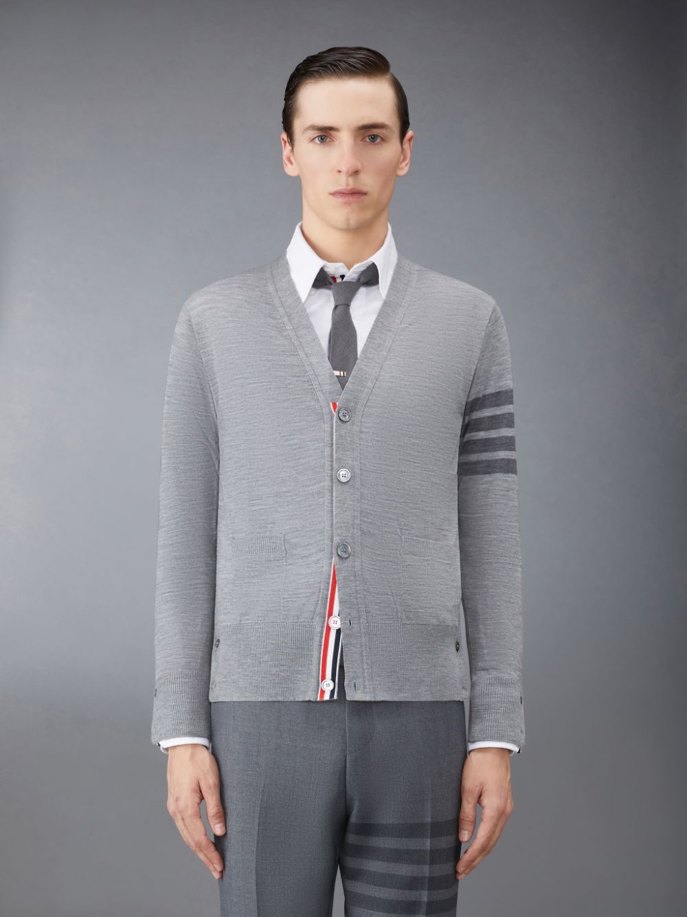 Thom Browne Wool 4-Bar V-Neck Men Cardigan Grey | UEO58P71458