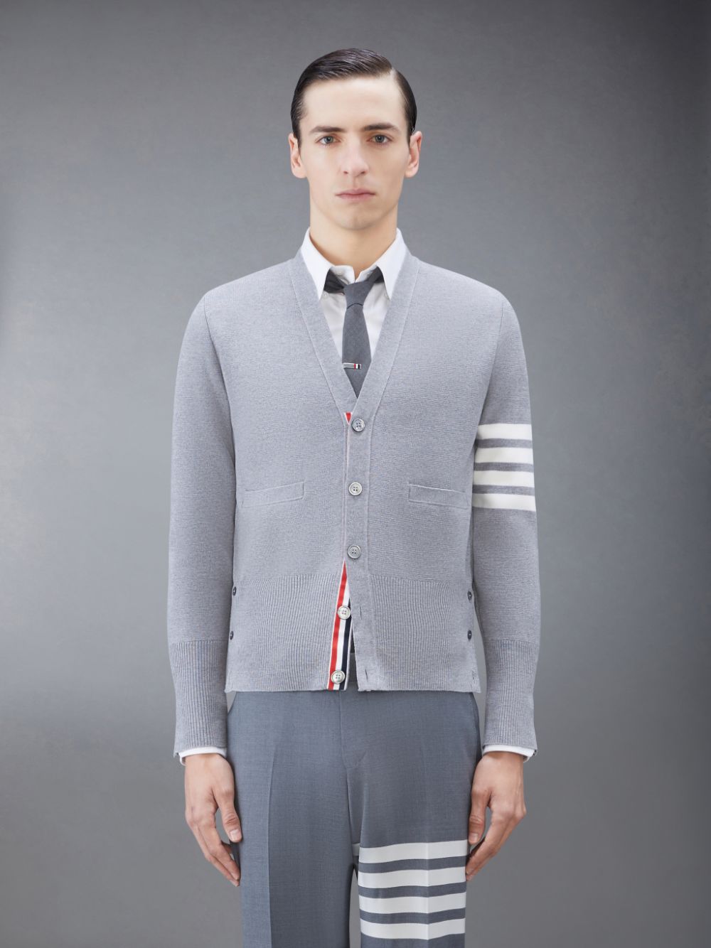 Thom Browne Wool 4-Bar V-Neck Men Cardigan Grey | YQJ64C78425