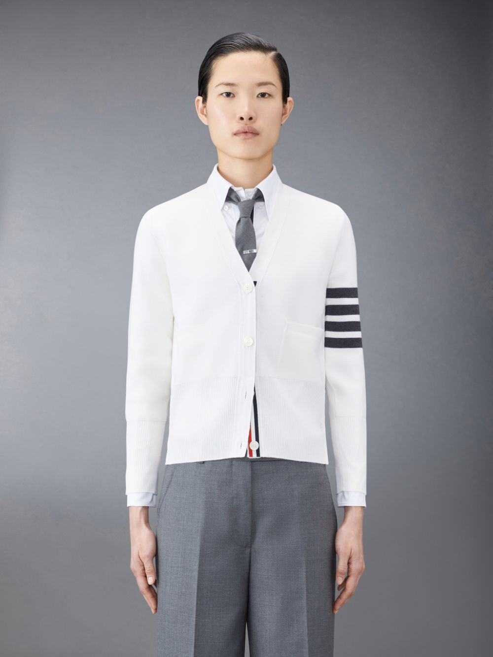 Thom Browne Wool 4-Bar V-Neck Women Cardigan White | LNF72D88314