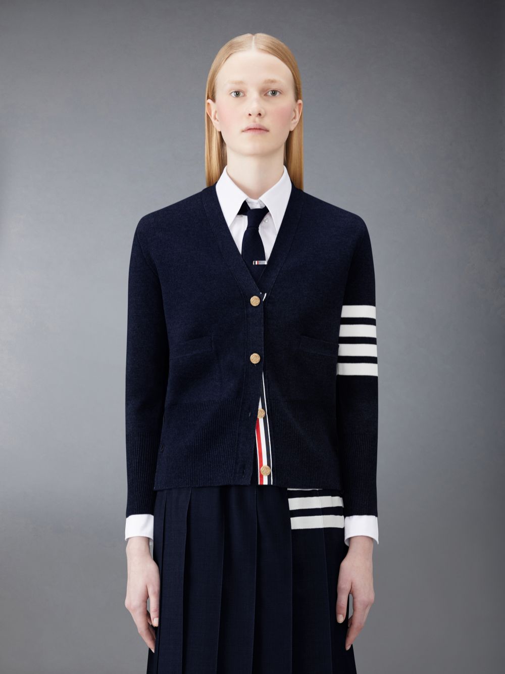 Thom Browne Wool 4-Bar V-Neck Women Cardigan Blue | KXO08Y57905