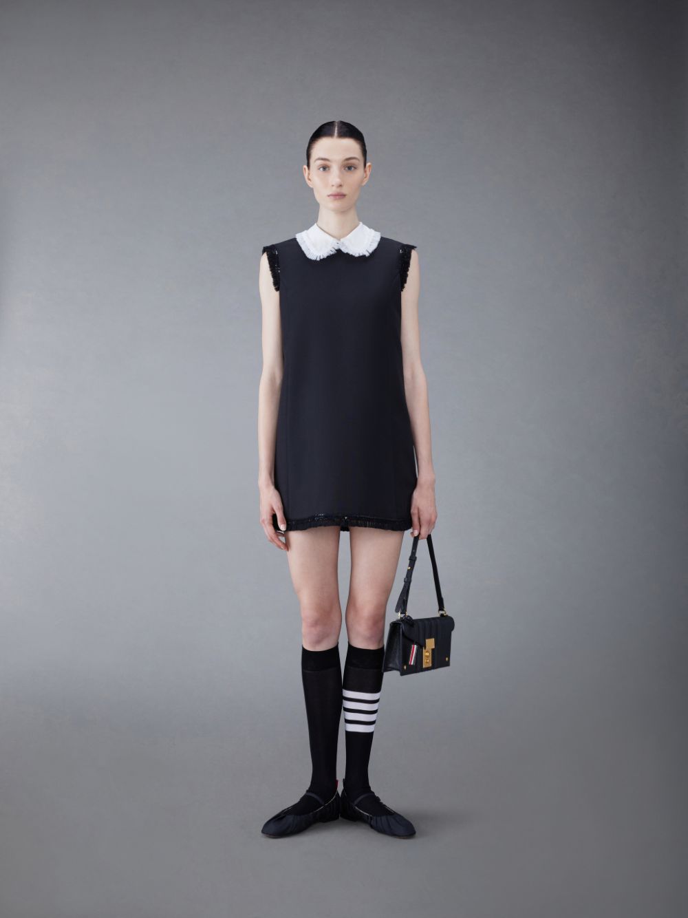 Thom Browne Wool Box Pleat Sequin Baby Doll Women Dress Black | IKX01F49037