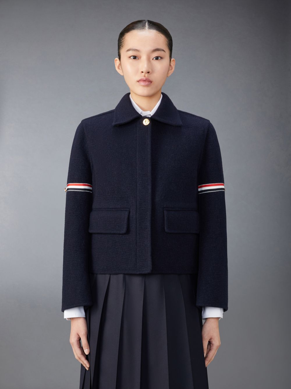 Thom Browne Wool Cashmere Armband Bell Sleeve With Shearling Collar Women Jackets Blue | LGC23X32671