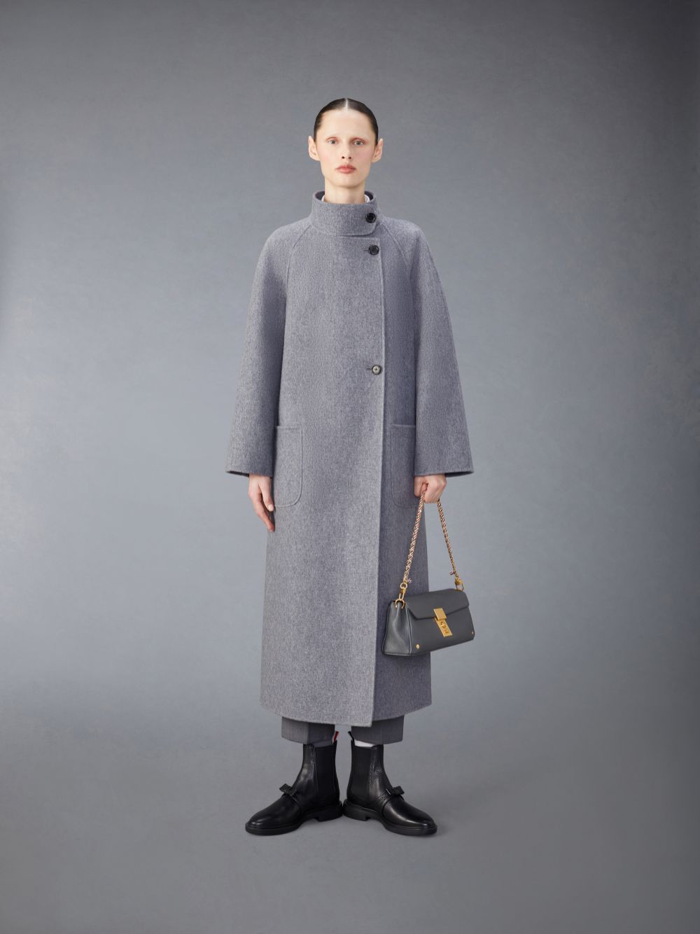 Thom Browne Wool Cashmere Funnel Neck Women Coats Grey | EAL24S31937