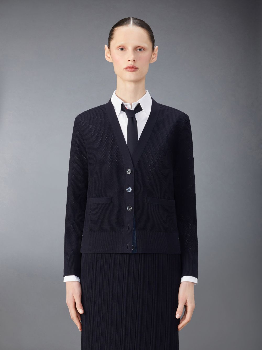 Thom Browne Wool Crepe 4-Bar Relaxed Fit Women Cardigan Blue | UXV13L33218